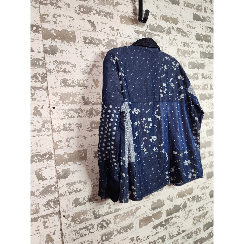 Sacred Threads Patchwork Denim Shacket Size L/XL Blue Geometric Hippie Festival - Picture 6 of 11